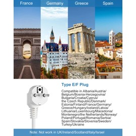 European Travel Plug Adapter, US to Europe Plug Adapter with 3 AC Outlets and 3 USB, Type E/F - International Power Strip for USA to Europe EU Germany France Iceland Greece Spain, 4ft, White