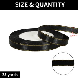 TONIFUL 10mm X 23m Black Satin Ribbon with Gold Edges, 3/8" X 25Yd, Fabric Ribbons for Gift Wrapping Wedding Birthday Party Decoration DIY Craft Bow Making Valentine's Day Craft Floral Hair Sewing