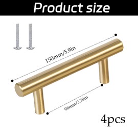 4Pcs 96mm Gold Kitchen Handles, Stainless Steel Cabinet Handles, Easy to Install, Modern Style, Stylish and Sophisticated, Kitchen Cupboard Handle for Cabinets, Cupboards and Drawers