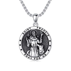 Saint Francis Necklace for Men 925 Sterling Silver St Francis of Assisi Medal Pendant Protection Medallion Jewelry Religious Gift for Women