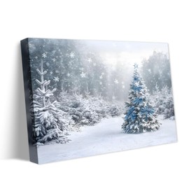 Sunwes Christmas Tree Canvas Wall Art Snowy Winter Wonderland with Blue Bows, Festive Holiday Wall Pictures Print Canvas for Living Room, Bedroom, or Office - Christmas Decorations 24x30inch