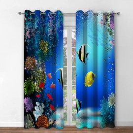 Jekeno Ocean Fish Blackout Curtains Underwater Coral Fish Decor Home Bedroom Living Room Darkening Grommet Window Drapes 2 Panel Set, 52"x84"