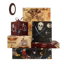 Pirate Wrapping Paper for Boys Girls Kids, Pirates Skull Treasure Pirate Ship Island Parrot Gift Wrap 6 Sheets, 50x70cm Per Sheet with 1 Roll Brown Ribbon For Pirate Themed Birthday Party Supplies