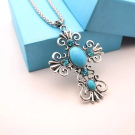 Boho Reconstructed Turquoise Magnesite Stone Cross Rhinestone Pendant 21" Chain