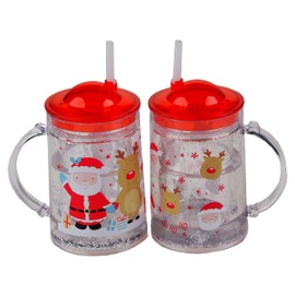 Gem Imports Kids Christmas Plastic Drinking Cups With Handle Lid And Straw (Set of 2)