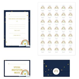 Manta Makes 35 Kids Childrens birthday party invitations, kids invites with envelope design for girls or boys with free stickers (Navy Star and Rainbow)