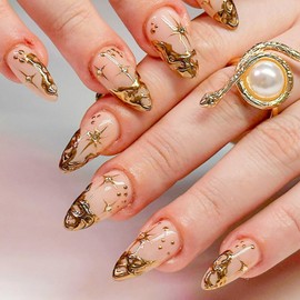 JONKASIPA 24 Pcs Gold French Tip Press on Nails Short Almond Fake Nails Nude False Nails With 3D Gold Irregularity Chrome Design Glossy Acrylic Nails Press on Nails for Women