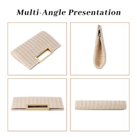 Ynport Crefreak Women's Straw Clutch Summer Straw Dinner Shoulder Bag with Metal Chain Square Tote Bag Woven Handbag for Wedding Party, beige