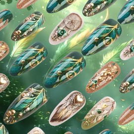 Green Feather Press on Nails 24Pcs Medium Almond Glossy Gold Curve Line False Nails Flower Stick on Fingernails Leaves Acrylic Fake Nail Love Heart Gel Glue on Nail for Coquette Women Girls