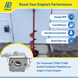 FitBest Carburetor Kit for Tecumseh TM049XA TC200 TC300 640347 640347A 2-Cycle Vertical Engines – Includes Fuel Filter, Fuel Line, Spark Plug – Ideal for Ice Augers, Tillers, and Power Drills