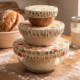 3 Pcs Reusable Beeswax Bowl Covers for Bread Proofing, 100% Organic Cotton Sourdough Bowl Covers with Elastic Band, 12/10/8 inch Food Covers Beeswax Wraps for Bread Leftovers Fruits Salad