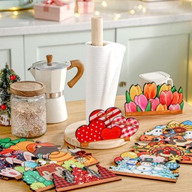 GlikCeil 18 Pcs Interchangeable Paper Towel Holder Summer Kitchen Decor with Holiday Sign Wooden Fall Decorative Seasonal Centerpieces for Thanksgiving Christmas Farmhouse Home Decor(Classic)