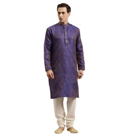 Sojanya (Since 1958, Jacquard Silk Kurta para hombre, azul y dorado, M