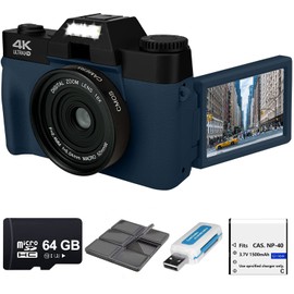 eDealz 4K 56MP Digital Camera Photography with 3’’ 180° Flip Screen, WiFi, 16X Zoom, Rechargeable Battery, 64GB Micro SD Card, 6 PC Card Holder USB Card Reader (Navy)