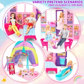 Style Shine Doll House Portable & Foldable Dollhouse w/ 60+ Pcs & 2 Dolls, Play House Toy with Bedroom Kitchen Furniture Camping Playset, Playhouse Birthday Gift for Girl Kid Toddler