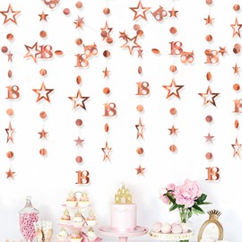 18th Birthday Decorations Hanging Swirls Decorations Rose Gold Number 18 Circle Dots Star Garland Party Decorations Metallic Hanging Streamer Banner Shiny Hanging Swirls for Birthday Party Supplies