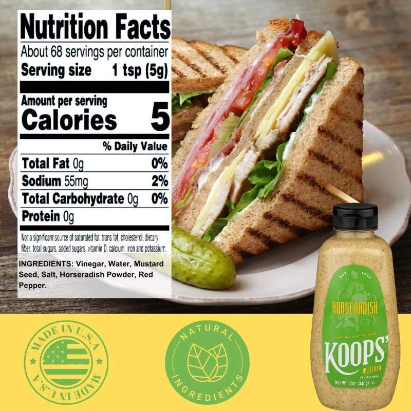 KOOPS' Horseradish Mustard Sauce 12oz Bold Flavor Condiment Squeeze Bottle