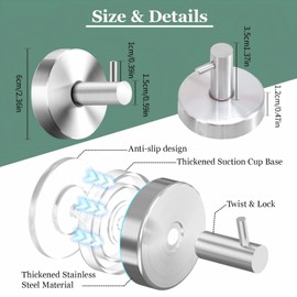 4 Pack Suction Cup Hooks for Shower, No-Drill Towel Hooks for Bathrooms SUS 304 Stainless Steel Shower Hooks, Loofah 15 LB Bathroom Hooks for Towels, Robes, Loofah Waterproof & Rustproof Silver