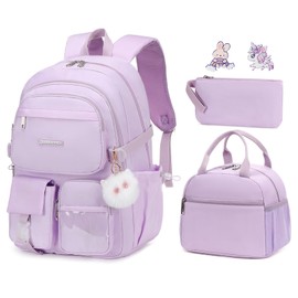 qodbopack 3PCS Backpack for School 15.6 Inch Laptop Backpacks for Teen Girls Waterproof Bookbag Cute School Bag PURPLE