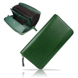 jxleichi Men's Long Wallet, Tochigi Leather, Genuine Leather, Saifu, YKK Zipper, Holds 25 Cards, Card Case, Made by First-class Wallets Artisans, Men's, Gentlemen, Wallet, Women's, Long Wallet, 7.9 x 4.3 x 1.2 inches (20 x 10.8 x 3 cm), green