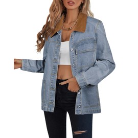 luvamia Womens Jackets Casual Lightweight Blue Loose Jean Jacket for Women Long Fall Jackets Country Concert Outfit Aqua Blue Size Large Size 12 14