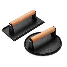 AIVIKI Burger Press, Smash Burger Press for Blackstone Griddle, Heavy Duty Cast Iron Round 6.9In & Rectangular 8.2x4.2In Bacon Grill Press with Wood Handle, Meat Steak Weight for Sandwich, Paninis