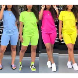 KINIKO 2 Pieces Outfits for Women's Solid Sweatsuit Short Sleeve Tights Short Pants Tracksuits