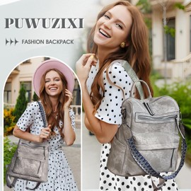 Puwuzixi Backpack Purse for Women, PU Leather Back pack Purse, Multiple Pockets Anti Theft Backpack with Adjustable Straps, Women Back pack for Daily Work Travel, Grey