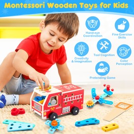 Zorbly Kids Tool Set Firetruck Wooden Toys For 2 3 4 5 6 Year Old, Montessori Educational Toys Pretend Play Tool Box Bench Construction Toys Gift for Toddler Boys Girls 2+