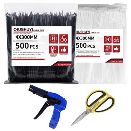 Cable Zip Ties Gun: 12 inch Self-Locking Nylon Cable Wire Ties 1000 PCS (500 PCS Black Ties,500 PCS White Ties),Tie Gun, Fastening Cable Tie Tool,Plastic Wire Ties for Cable Managemen (combinatorial)