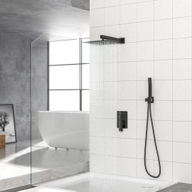 Matte Black 12-Inch Wall Mounted Square Bathroom Set Dual Shower Head with Rough-in Valvecolor: as Pic Color