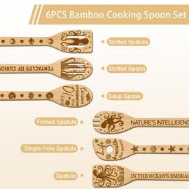 GLOBLELAND Set of 6 Wooden Spoons with Sea Octopus Bamboo Carving Cooking Utensils for the Kitchen Cooking Spatula Set Made of Wood with Engraving for the Kitchen Funny Housewarming Gift