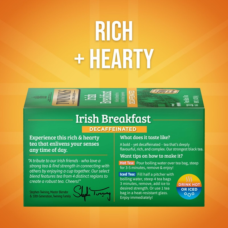 Twinings Decaffeinated Irish Breakfast Black Tea Individually Wrapped Bags, 20