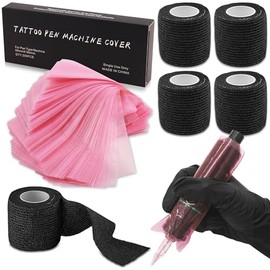 Large Pen Machine Covers with Grip Tapes - Rayyl 200Pcs Tattoo Pen Covers Pink with 4Pcs Tattoo Grip Tape Wrap Grip Covers Tattoo Machine Bags Pen Sleeves Combination for Tattoo Supplies