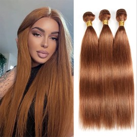 Color 30 Bundles Human Hair Light Brown Straight Bundles #30 Human Hair Bundles 24 26 28 inch Double Weft Brazilian Remy Hair Silky and Soft Weave Extensions For Black Woman