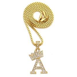 CBC Crown Rhinestone Studded Crown Small Initial Alphabet Letter Pendant Necklace 24" Box Chain Necklaces in Gold Tone or Silver Tone (Gold - A)