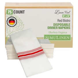 SimuLinen Fancy Disposable Dinner Napkins, Red & White Bistro Striped Decorative Paper Napkins, Durable and Cloth-Like Guest Towels, Pack of 75