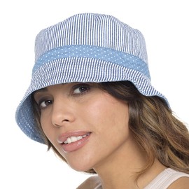 Thingimijigs Women's Spotted/Striped Cotton Reversible Bucket Hat - Blue S/M