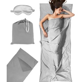 2-in-1 Sleeping Bag Ultralight with Zip Cushion Compartment Cotton Thin Comfort Travel Sleeping Bag and XL Travel Sheet (90 x 220 cm), Ideal for Backpacking, Hostels (Grey)