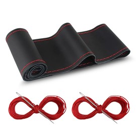 Car Genuine Leather Steering Wheel Cover, DIY Sewing with Needle and Thread, Breathable, and Anti-Slip, Universal 15 Inch Car Steering Wheel Stitching Wrap (Black Red, Glossy)