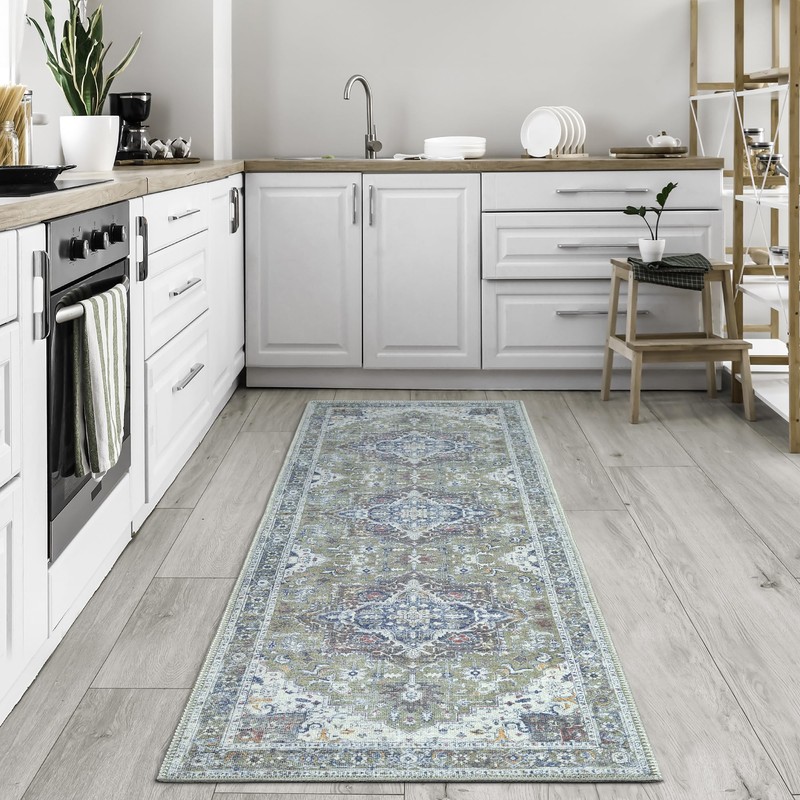 Bloom Rugs Washable Non-Slip 10 ft Runner - Green/Blue Traditional