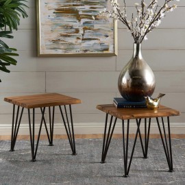 GDFStudio Avy Rustic Industrial Acacia Wood Side Table with Metal Hairpin Legs (Set of 2),