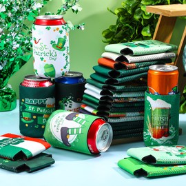 Hushee 50 Pcs St. Patrick's Day Can Coolers Sleeves Irish Can Coolers Insulated Beverages Cover Lucky Green Shamrock St Paddys Decoration for Beverage Soda Irish Party, 25 Styles