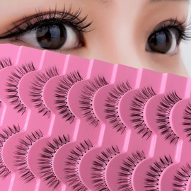 10 Pairs of 3D False Eyelashes, Artificial Eyelashes, Natural Look, Handmade, Transparent Handle, Lightweight, Short Eyelashes Set, Real Hair Eyelashes for Daily Make-Up, Work, Dating, Party (P-A05)
