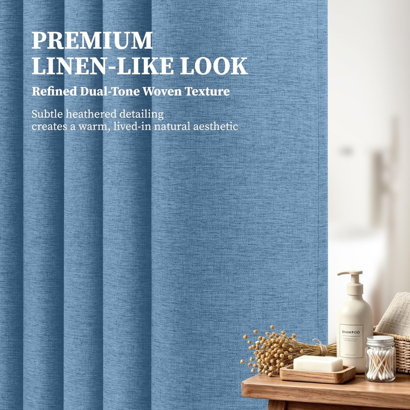 BTTN 72x78 Linen Textured Waterproof Fabric Shower Curtain, Moonlight Blue