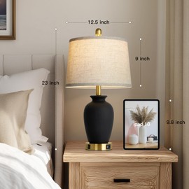 Cinkeda 23" Set of 2 Black Ceramic Farmhouse Table Lamp with Ginger Jar Design, Bedside USB Lamps for Living Room,Dining Room,Bedroom,Office,Nightstand,End Table