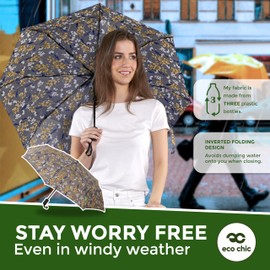 ECO CHIC Automatic Umbrella Windproof Strong Compact Folding Travel Umbrella (Bumble Bee Blue)