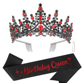 CURASA Black and Red Birthday Crown for Women Girls & Glitter Black Birthday Queen Sash, Queen of Hearts Crown Gothic Tiaras for Women Party Decorations