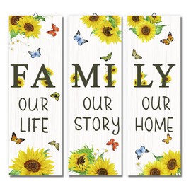 decalmile 3 pieces Sunflower Inspirational Family Rustic Farmhouse Wooden Signs Hanging Wall Plaque Vintage Sunflowers Butterfly Wall Decor Sign Kitchen Living Room Home Art Decor