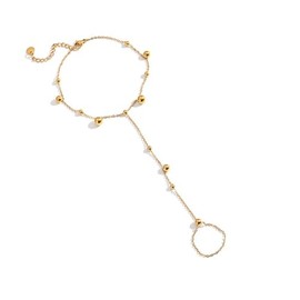Gold Bead Hand Chain Bracelets Link Finger Chain Bracelet Stainless Steel Ball Finger Ring Bracelet for Women Fashion Summer Beach Waterproof Adjustable Jewelry Gifts(style02)